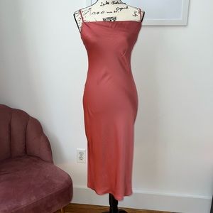 Express Pink Coral Satin Midi Dress with Side Slit